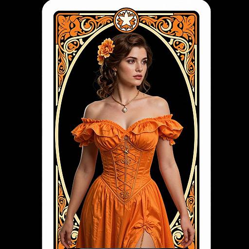 Photograph of a fair-skinned woman with dark wavy hair, wearing an off-shoulder, orange Victorian-style dress with corset lacing