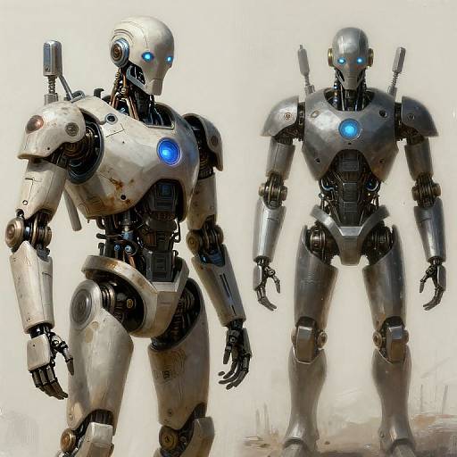 Digital artwork of two futuristic, silver robotic humanoid figures with glowing blue eyes and joints, standing against a white background.