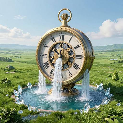A large, antique, gold pocket watch with Roman numerals and intricate design, standing in a grassy field, water and glowing crystals flowing from it