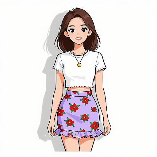 Digital anime-style drawing of a young woman with fair skin, dark brown hair, wearing a white crop top and lavender skirt with red floral patterns, standing