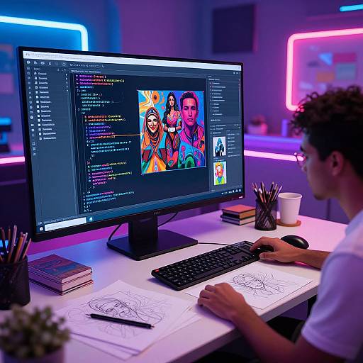 Photograph of a young man with curly hair, wearing glasses and a white shirt, working on a colorful graphic design project on a neon-lit desk