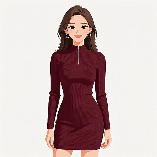 Digital anime-style drawing of a smiling woman with long brown hair, wearing a form-fitting, long-sleeve, dark purple dress, and large