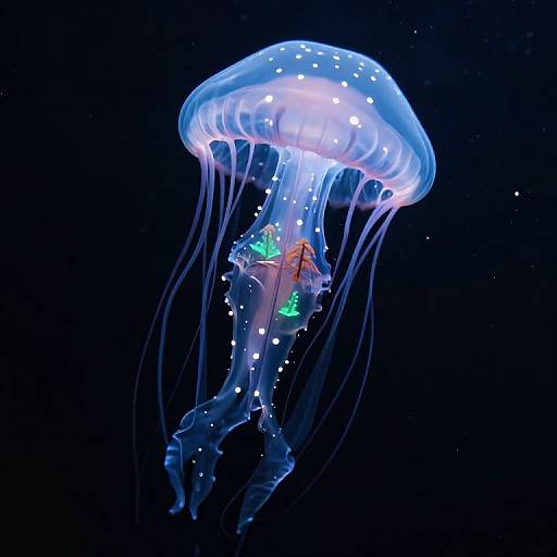 Photorealistic digital image of a glowing, bioluminescent jellyfish with translucent blue dome, white spots, and trailing tentacles, floating against