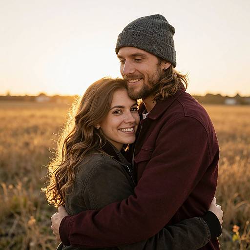 Photograph of a smiling couple embracing in a golden field at sunset, with the man in a maroon jacket and gray beanie, and the woman