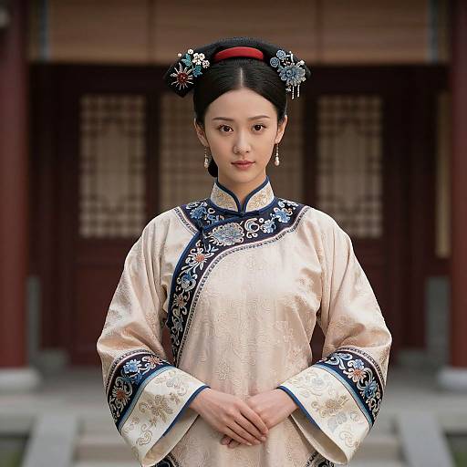 Photograph of an East Asian woman in traditional beige silk hanbok with blue floral embroidery, black hair in double buns, red headband,