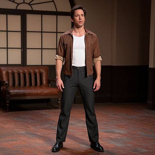 Photograph of a handsome, light-skinned man with short brown hair, wearing a brown button-up shirt, white t-shirt, black pinstripe