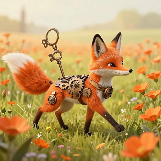 Photorealistic digital artwork of an orange fox with intricate clockwork gear harness, walking through a vibrant field of orange poppies.