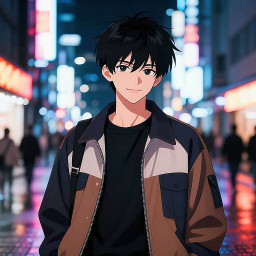 Confident Anime Boy in Neon City