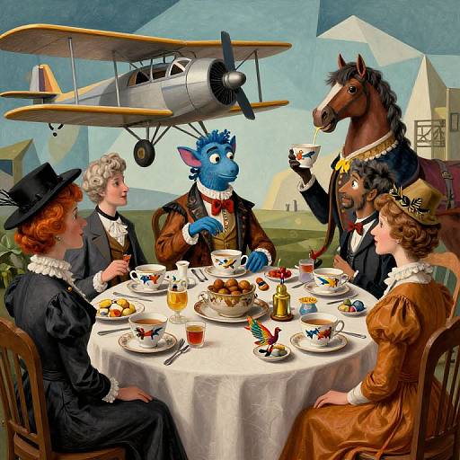 Illustration of anthropomorphic animals in Victorian attire having tea with a biplane overhead, featuring a blue cat, brown horse, and two women. Vintage