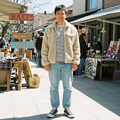 Photograph of a young man with short black hair, wearing a beige fuzzy jacket, black-and-white striped shirt, blue jeans, and black sneakers,