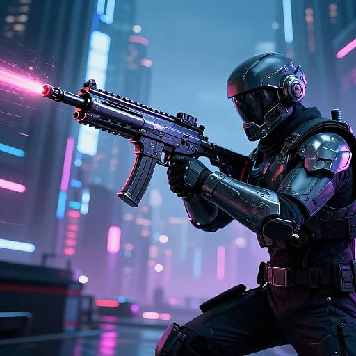 Cyborg soldier in neon-lit city, wearing black armor and helmet, firing futuristic rifle with red laser in cyberpunk-themed digital art.