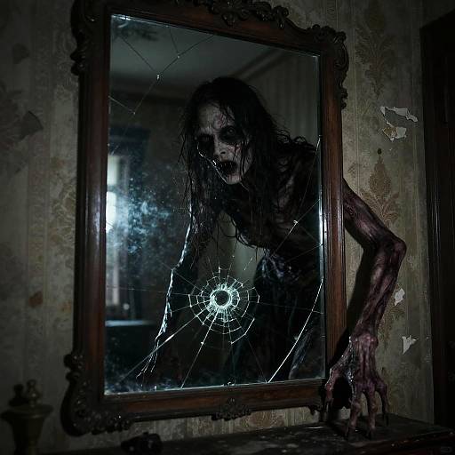 Terrifying Humanoid Behind Cracked Mirror