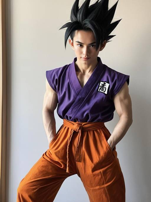 Man cosplaying Son Gohan with spiky hair