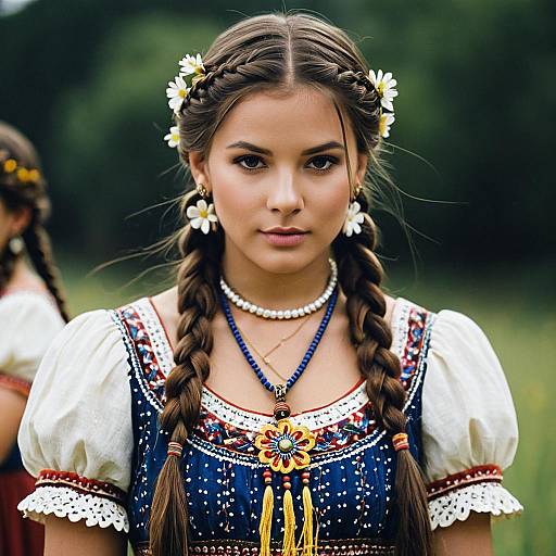 Young Woman in Traditional Folk Costume with Braided Hair