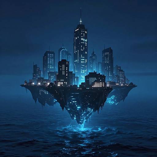 Digital artwork of a futuristic, floating cityscape at night, illuminated in blue, with skyscrapers reflecting on calm ocean waters.