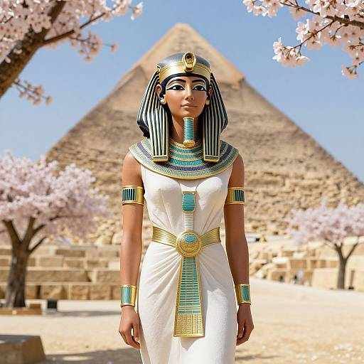 Digital art of an Egyptian woman with black-and-white striped headdress, turquoise jewelry, white dress, standing in front of a pyramid with cherry blossom trees
