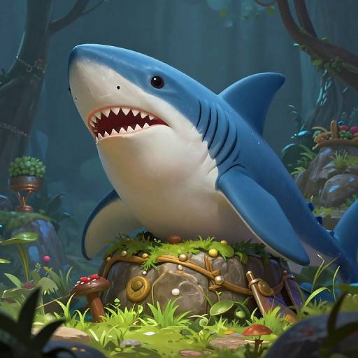 Digital illustration of a large, blue and white shark with sharp teeth, sitting on a moss-covered, gold-accented stone in a lush, magical