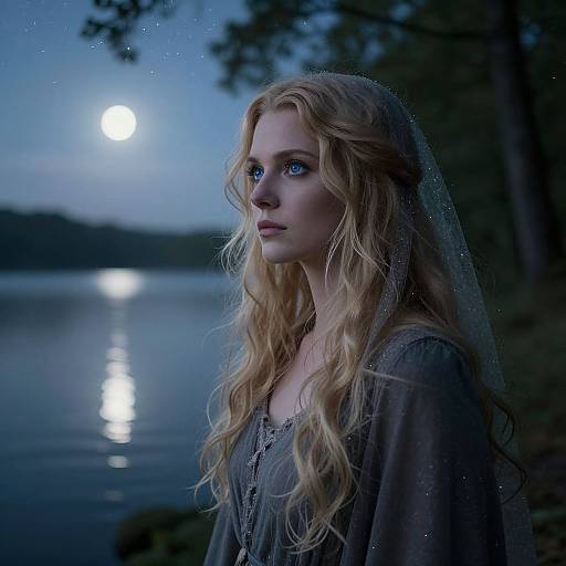 Photograph of a blonde woman with wavy hair, wearing a sheer veil and dark dress, standing by a moonlit lake at night, with a