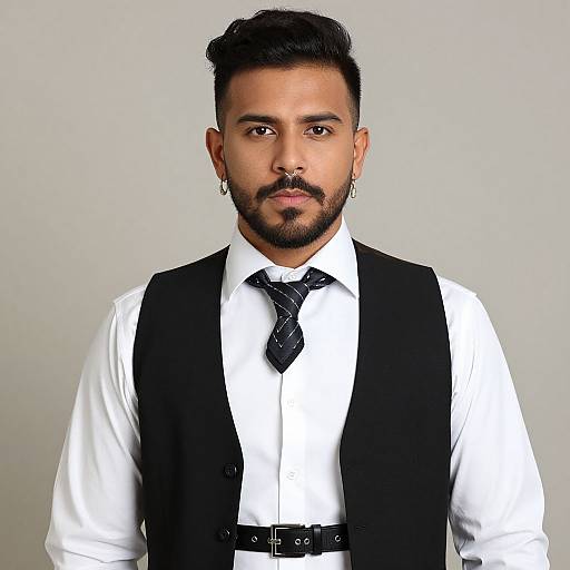 Photograph of a handsome, bearded South Asian man with short, dark hair, wearing a white shirt, black vest, and tie, with earrings