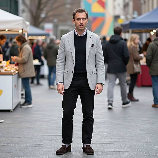 Photograph of a man in a light gray blazer, black shirt, and pants, standing in a bustling outdoor market with blurred shoppers and colorful stalls