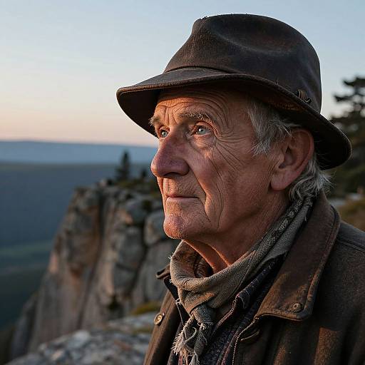 Photograph of an elderly man with weathered skin, gray hair, and deep wrinkles, wearing a brown hat and rugged clothes, standing against a sunset