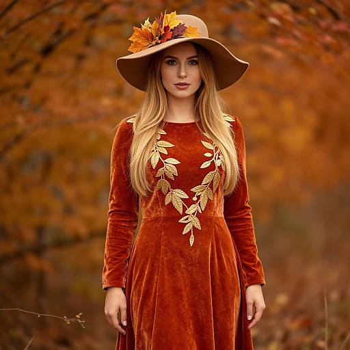 Elegant Autumn Woman in Velvet Dress