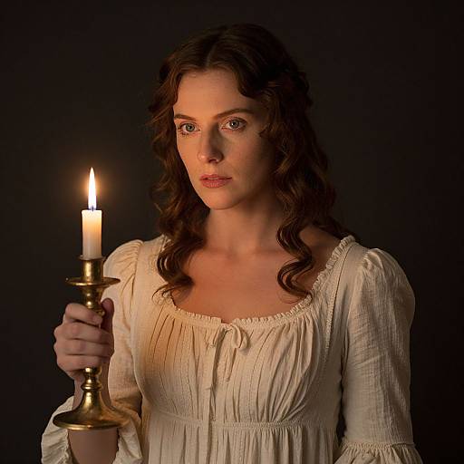 Photograph of a woman with wavy brown hair, wearing a white, long-sleeved, Renaissance-style dress, holding a lit candle against a