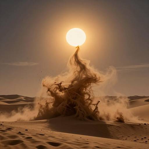 Photograph of a massive sand explosion rising against a bright sun in a desert, with rippling sand and distant dunes.