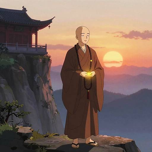 Serene Monk at Sunrise Temple