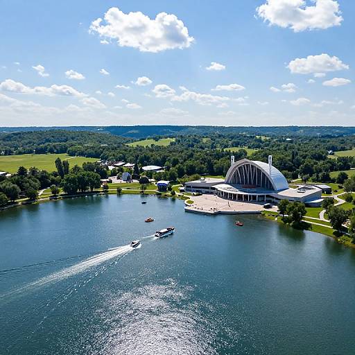 Aerial photograph of a modern, dome-shaped building beside a calm, reflective lake with small boats and a white trail. Green hills and scattered clouds in