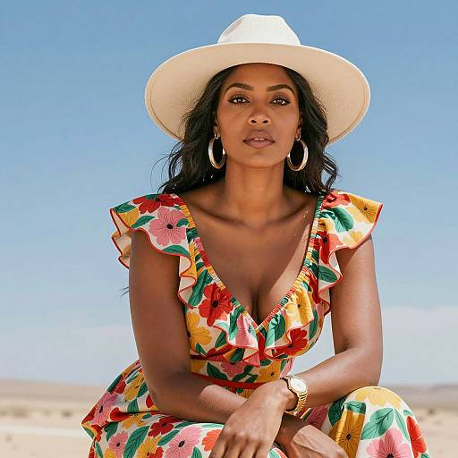 Woman in Floral Dress and White Hat in Desert