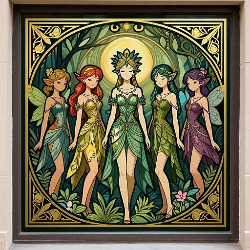 Digital artwork of five fairy-like women in green and yellow leaf dresses, with wings, standing in a moonlit forest, framed in an ornate black