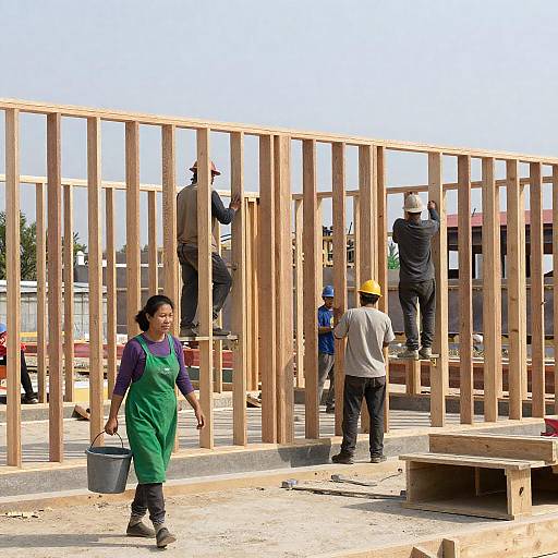 Construction site with wooden house frame and workers