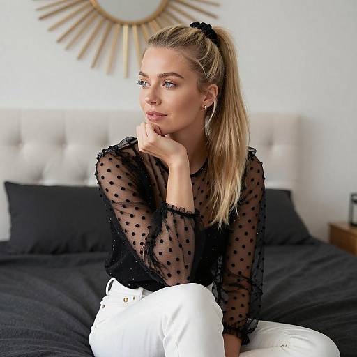 Blonde Woman in Sheer Polka-Dot Top