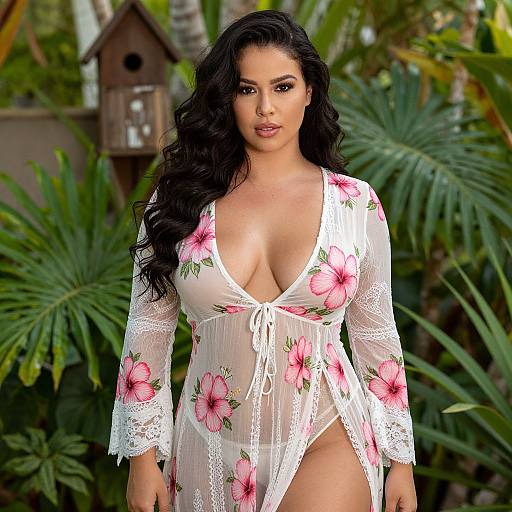 Photograph of a curvy woman with long black hair, wearing a sheer white floral robe, revealing large breasts and high-cut bottom, standing in a