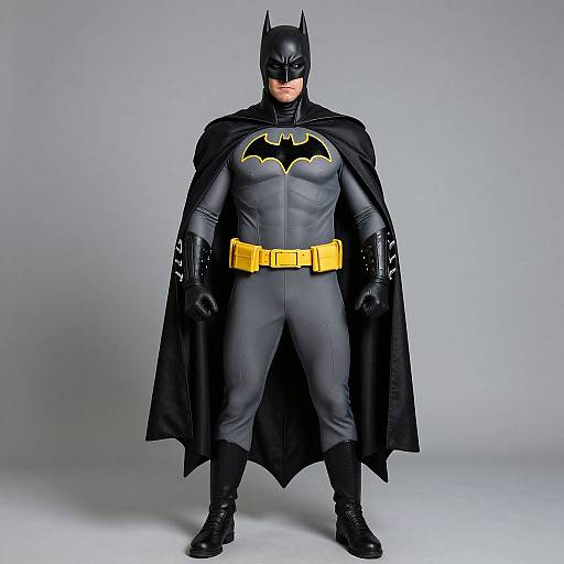 Photograph of a man in a detailed Batman costume, featuring a black cowl, gray suit, yellow belt, and black cape, standing against a