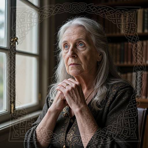 Elderly Woman in Celtic Library