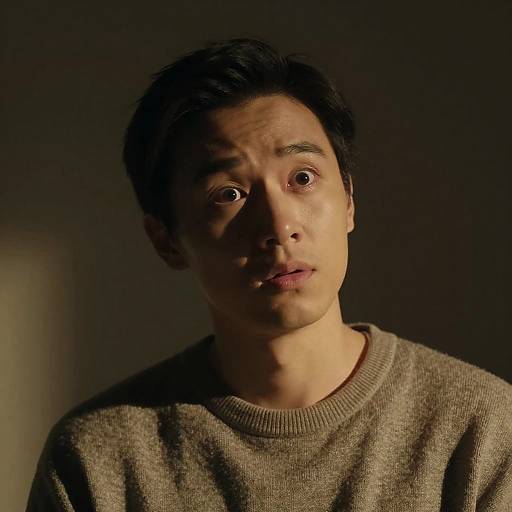 Photograph of a surprised East Asian man with short black hair, wearing a gray sweater, illuminated from the left, against a dark background.