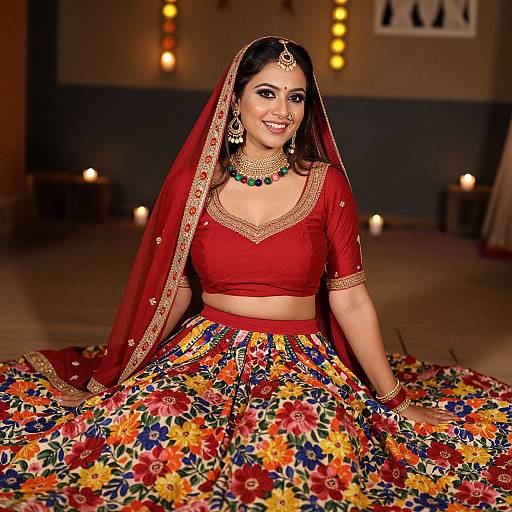 Photograph of a smiling South Asian bride in a red traditional lehenga with colorful floral patterns, gold embroidery, and jewelry, sitting in a dimly