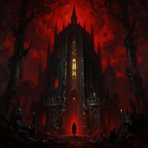 Gothic cathedral bathed in eerie red light, with dark, twisted trees framing the ominous, towering structure. Digital art, horror style.