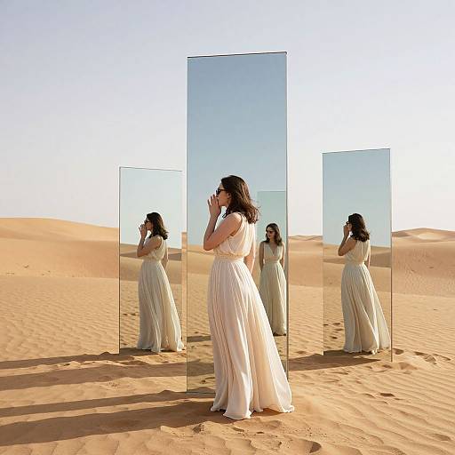 Photograph of a woman in a flowing white dress standing in a desert, reflected in three vertical glass panels, against a clear blue sky and golden sand