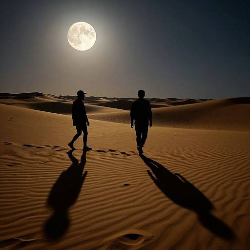 Silhouetted figures walking in a desert under a bright full moon, casting long shadows on rippled sand dunes at night.