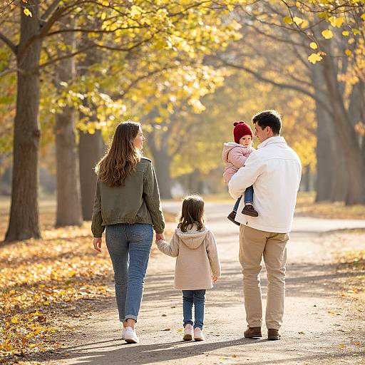 Photograph of a family walking on a sunlit autumn path, mother in green jacket, father in white, holding baby in red hat, daughter in