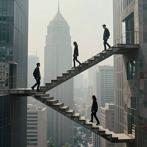Photograph of six silhouetted people walking on an external urban staircase between tall, reflective skyscrapers, with a distant, misty city