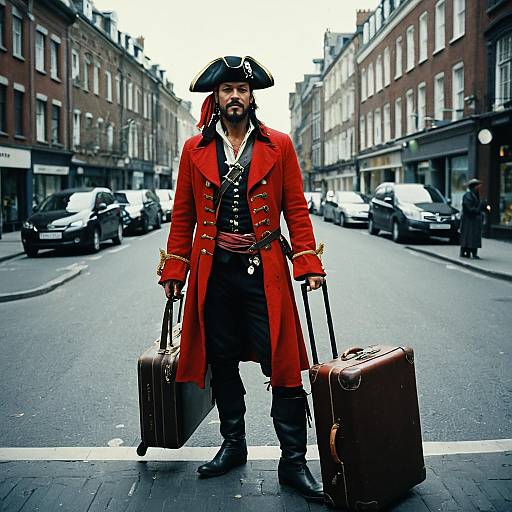 Photograph of a bearded pirate in a red coat, black tricorn hat, holding two brown suitcases on a busy city street.