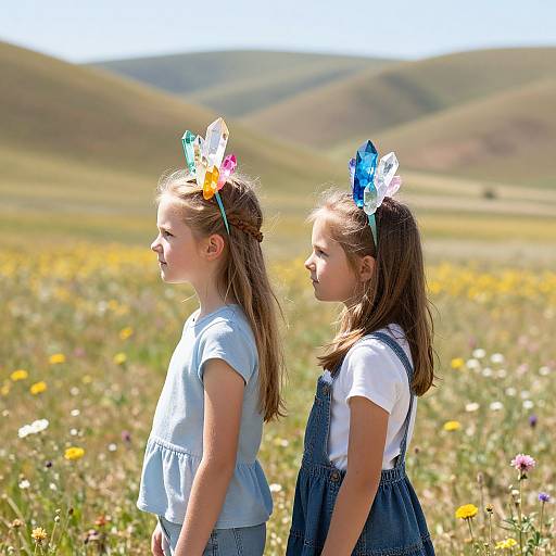Photograph of two young girls with colorful paper flower headbands, wearing white tops and blue denim overalls, standing in a sunlit meadow with