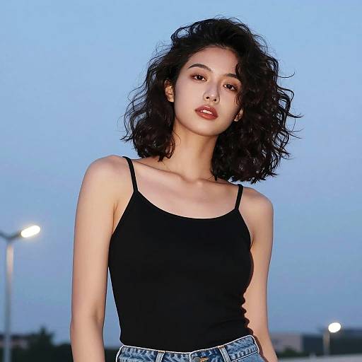 Young Woman in Black Tank Top Outdoors at Twilight