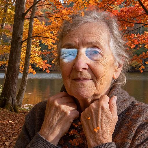 Photograph of an elderly woman with wrinkled skin, gray hair, and blue reflective glasses, standing in an autumn forest, hands near her neck,