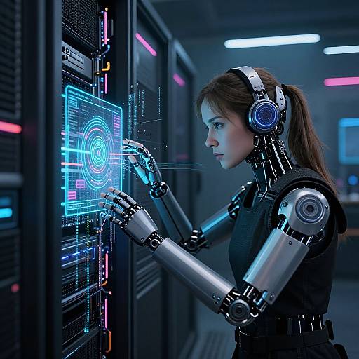 Cyborg woman with metallic arms and headphones interacting with a glowing holographic interface on a server rack in a futuristic lab.