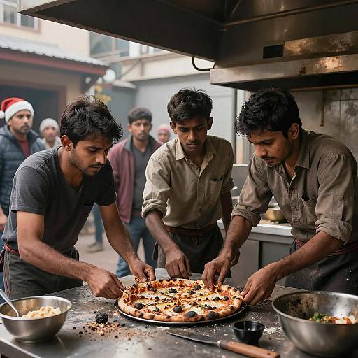Three Men Struggling to Make Pizza